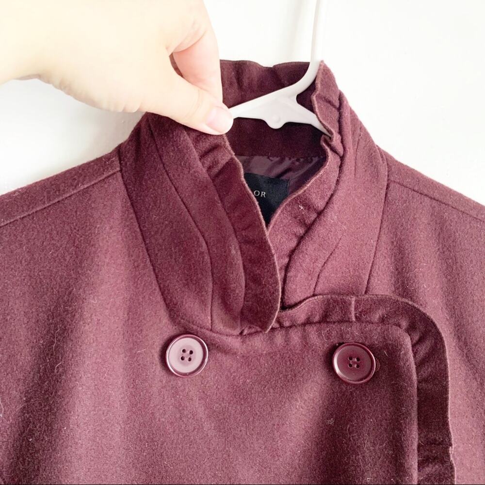 Ann Taylor Ruffle Neck Wool Blend Pea Coat Large Buttons Maroon Burgundy Small S - Picture 2 of 8